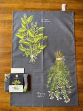 Load image into Gallery viewer, Basil & thyme tea towel - dark background
