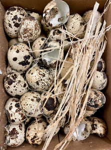 Box of cracked quails eggshells