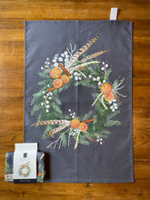 Load image into Gallery viewer, Wreath tea towel - dark background.
