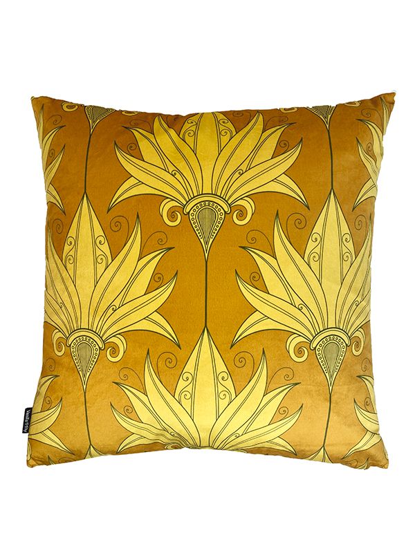 Gold patterned velvet cushion